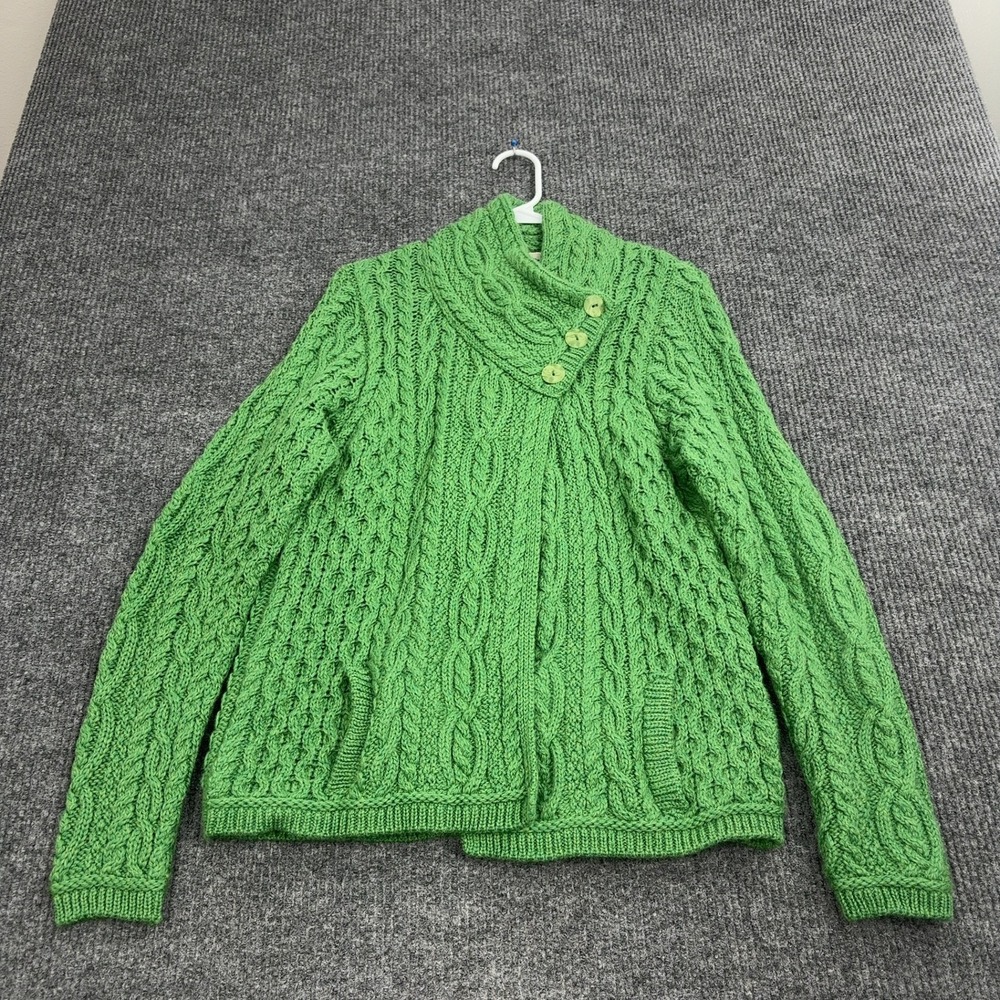 Aran Crafts Cardigan‎ Womens M Green Merino Wool Cable Knit Asymmetrical Ireland